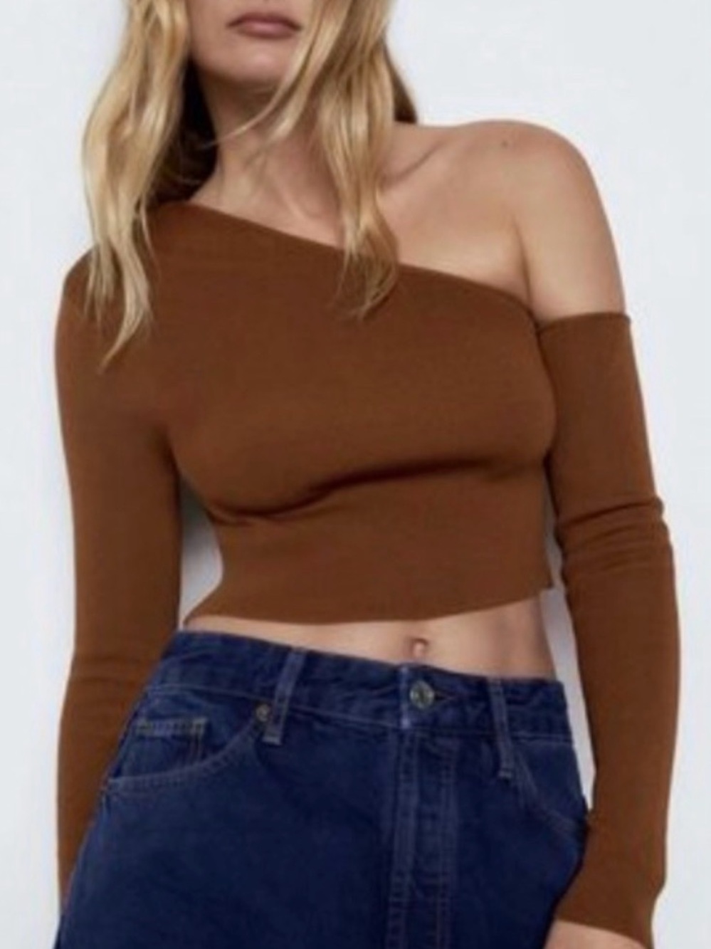 Zara Brown One-Shoulder Cropped Sweater
